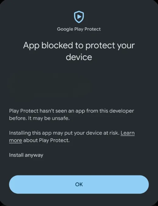 Google Play Protect dialog: “App blocked to protect your device”, with an “Install anyway” link at the bottom